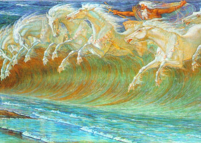 Walter Crane Symbolism Greek Mythology Neptune Poseidon Horses English Greeting Card featuring the painting Neptune's Horses #1 by Walter Crane