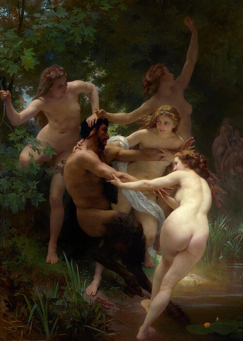 Nymphs Greeting Card featuring the painting Nymphs and Satyr #1 by William Bouguereau