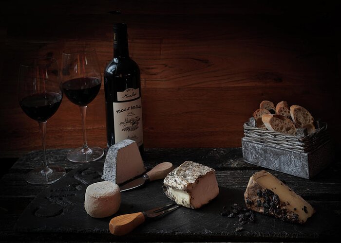 Cheese Greeting Card featuring the photograph Old Maestra French Cheese and Wine #1 by Jean Gill
