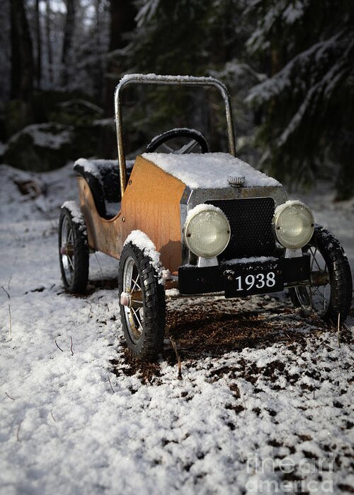 Car Greeting Card featuring the photograph Old Toy Car in the Snow #1 by Edward Fielding