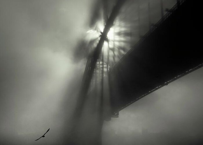 Monochrome Greeting Card featuring the photograph One Morning at the Bridge by Grant Galbraith