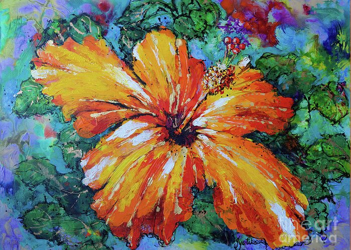 Orange Hibiscus Greeting Card featuring the painting Orange Hibiscus by Jyotika Shroff