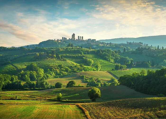 Gimignano Greeting Card featuring the photograph San Gimignano Countryside Panorama by Stefano Orazzini