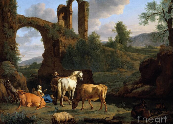 Pastoral Landscape Greeting Card featuring the painting Pastoral Landscape with Ruins #1 by Adriaen van de Velde