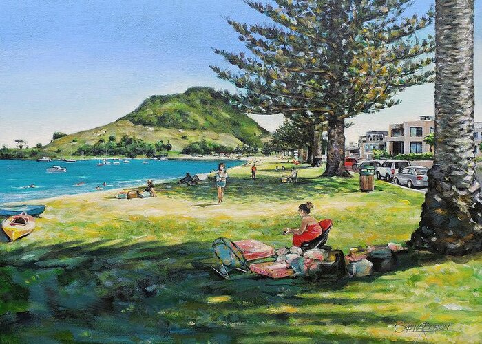 Seascape Greeting Card featuring the painting Pilot Bay Mount Maunganui 070221 #1 by Selena Boron