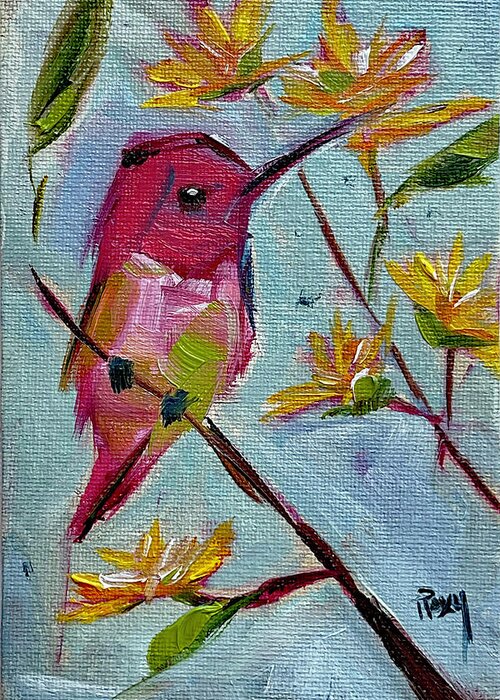 Pink Greeting Card featuring the painting Pink Hummingbird #1 by Roxy Rich