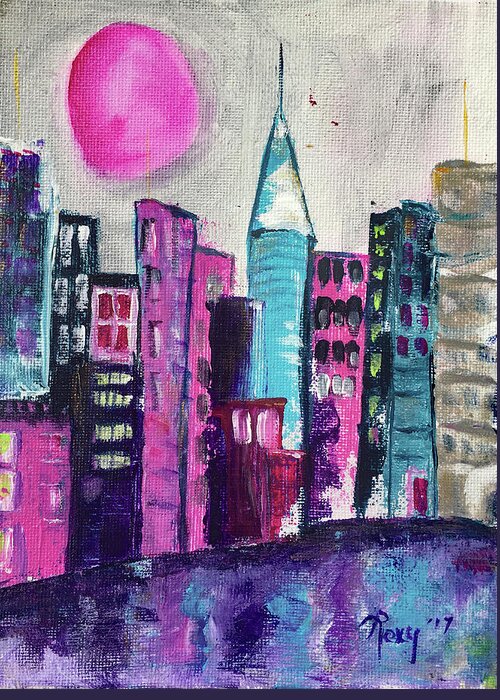 City Greeting Card featuring the painting Pink Moon City by Roxy Rich