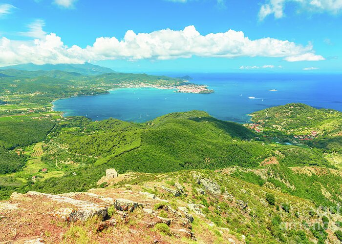 Italy Greeting Card featuring the photograph Portoferraio gulf from Volterraio Mount #1 by Benny Marty