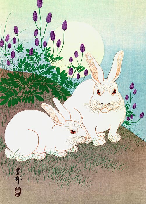 Art Greeting Card featuring the painting Rabbits at full moon by Ohara Koson by Mango Art