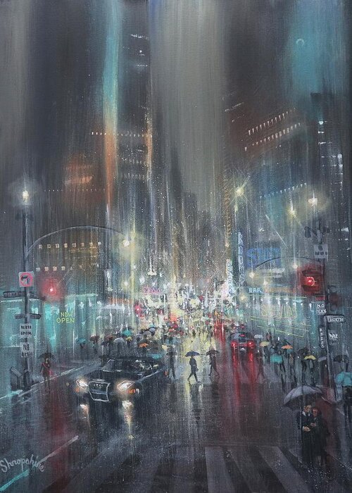 City Rain Greeting Card featuring the painting Rainy Night #1 by Tom Shropshire