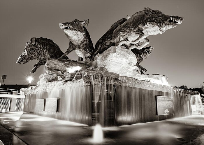 Fayetteville Campus Greeting Card featuring the photograph Fayetteville Arkansas Football Stadium Fountain - Sepia Edition by Gregory Ballos