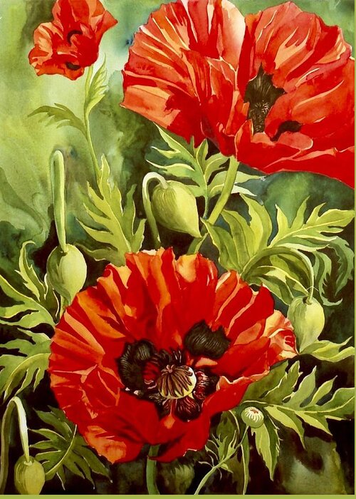 Flower Greeting Card featuring the painting Red Poppies by Alfred Ng