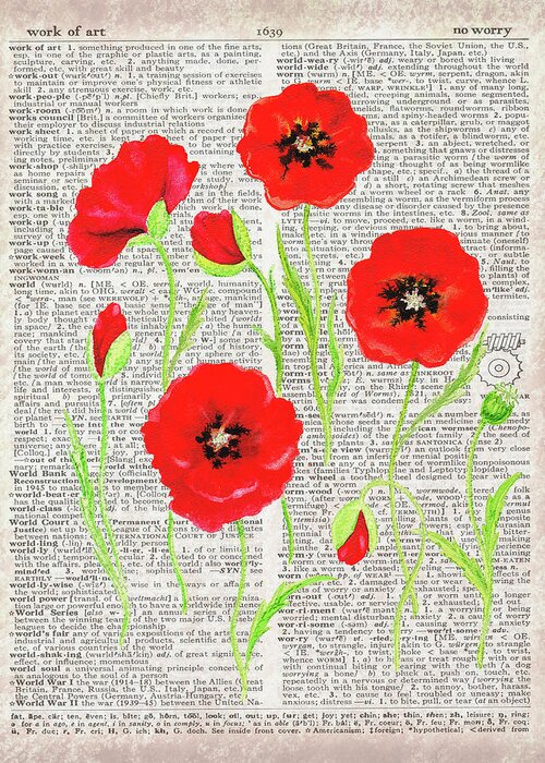 Dictionary Greeting Card featuring the painting Red Poppies Wildflowers Dictionary Page Watercolor #1 by Irina Sztukowski