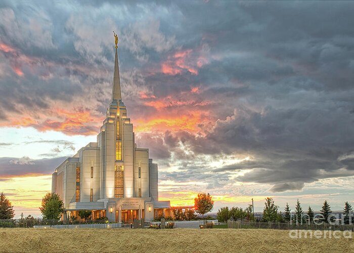 Cathedral Greeting Card featuring the photograph Rexburg Idaho Temple Harvest Sunset #1 by Bret Barton