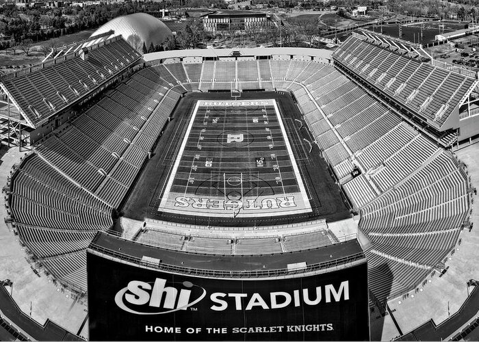 Rutgers Greeting Card featuring the photograph Rutgers NJ Football Stadium III BW #1 by Susan Candelario