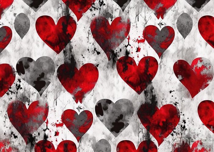 Seamless Greeting Card featuring the painting Seamless Hearts Playing Card Suit Pattern Painted With Black White And Red Paint Tileable Grunge Hand Drawn Valentines Day Wallpaper Love Design Motif Gaming Gambling Or Poker Background Texture #1 by N Akkash