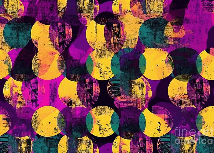 Seamless Greeting Card featuring the painting Seamless Pop Art Grunge Glitch Circles Patchwork Background Pattern Trendy Gender Neutral Violet And Yellow Dopamine Dressing Polka Dot Textile Swatch Contemporary Fashion Fabric Texture Backdrop #1 by N Akkash