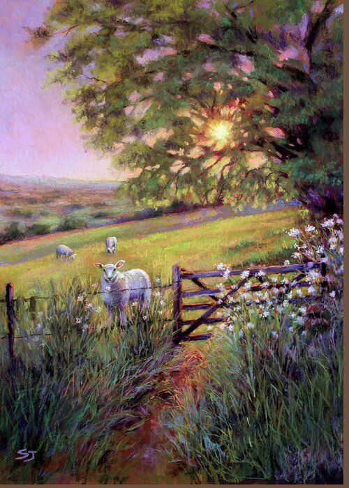 Sheep Greeting Card featuring the painting Sheep at Sunset #1 by Susan Jenkins