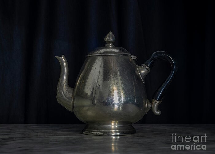 Past Greeting Card featuring the photograph Silver and Brass Teapots Black Background Marble Table by Pablo Avanzini