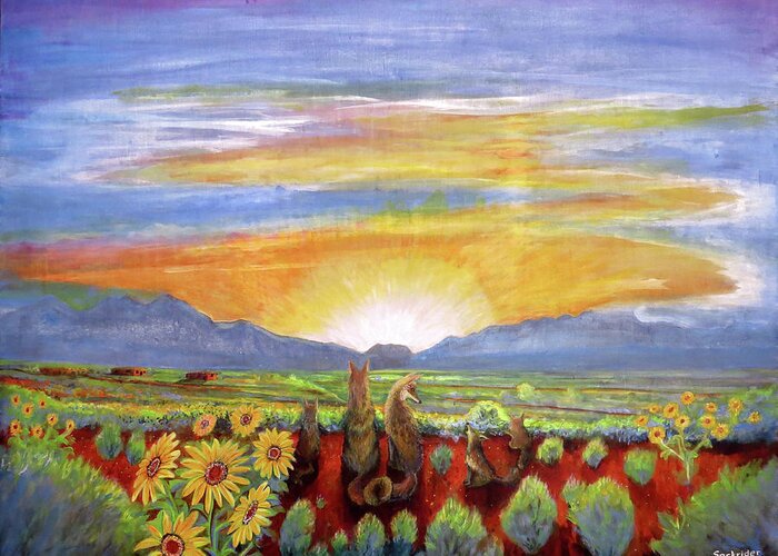 Coyote Greeting Card featuring the painting Taos Coyote Sunrise #1 by David Sockrider