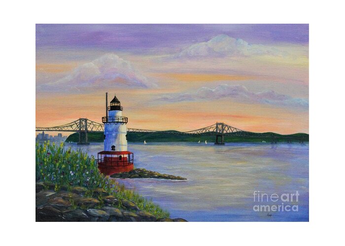 Hudson River Greeting Card featuring the painting Tarrytown Lighthouse at Sunset #1 by Irene Czys