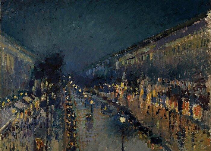 Boulevard Greeting Card featuring the painting The Boulevard Montmartre at Night #1 by Camille Pissarro