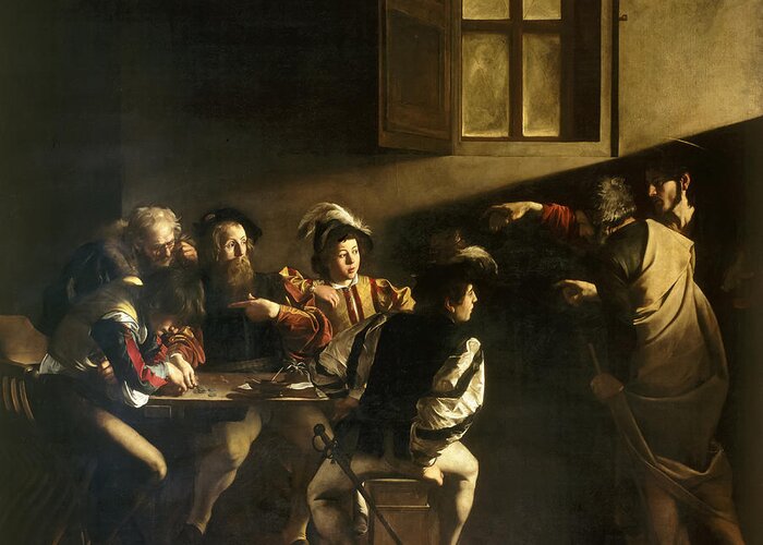 Caravaggio Greeting Card featuring the painting The Calling of St Matthew #1 by Caravaggio