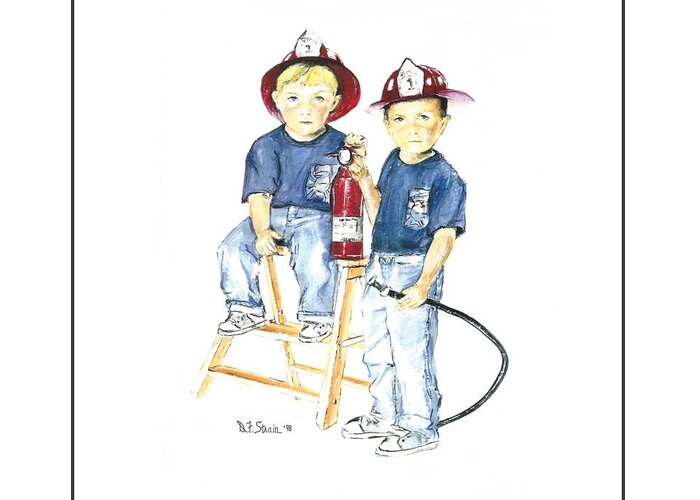 Images Greeting Card featuring the drawing The Firefighter's Sons #1 by Diane Strain