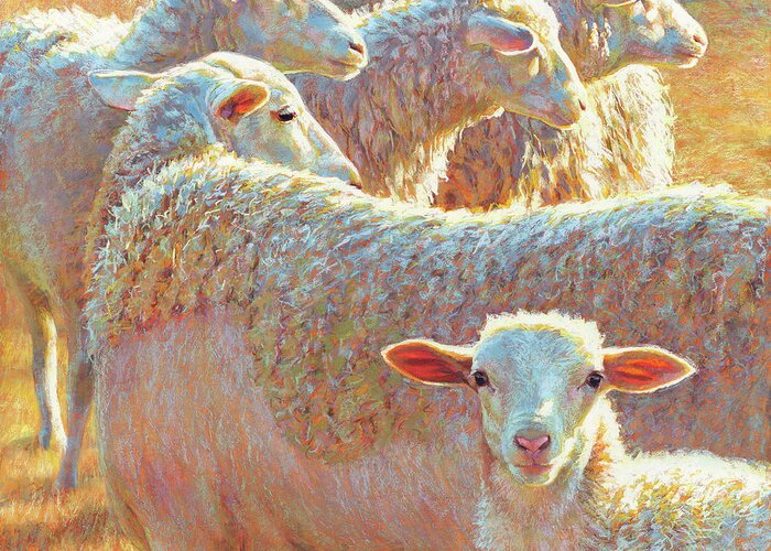 Sheep Greeting Card featuring the pastel They don't see what she sees by Rita Kirkman