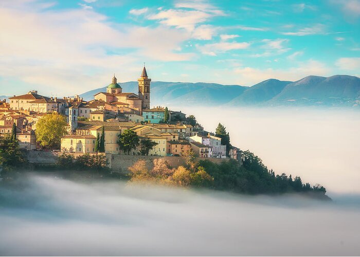 Trevi Greeting Card featuring the photograph Trevi picturesque village in a foggy morning. Perugia, Umbria, I by Stefano Orazzini