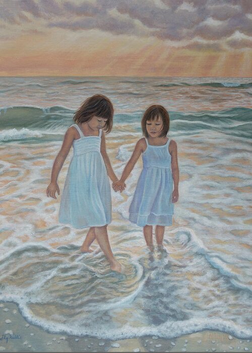 Two Sisters Wade At Waters Edge At Sunset. Greeting Card featuring the painting Twice Blessed by Holly Kallie