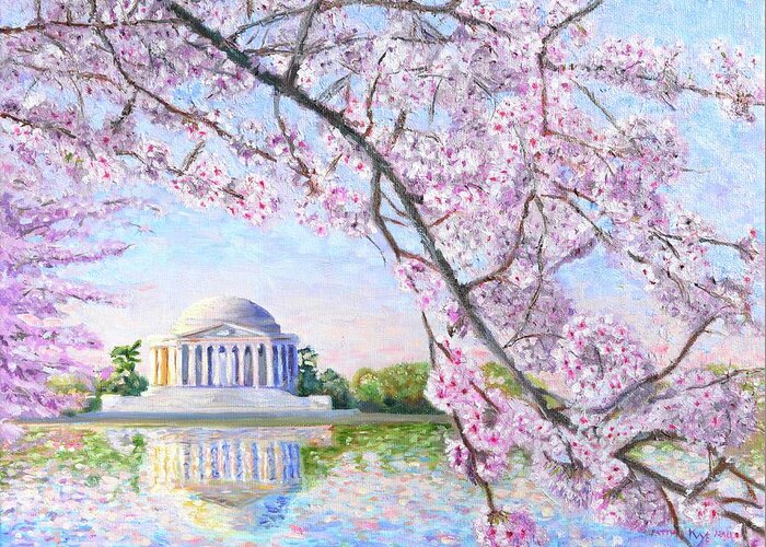 Jefferson Memorial Greeting Card featuring the painting Washington DC Cherry Blossoms #1 by Patty Kay Hall