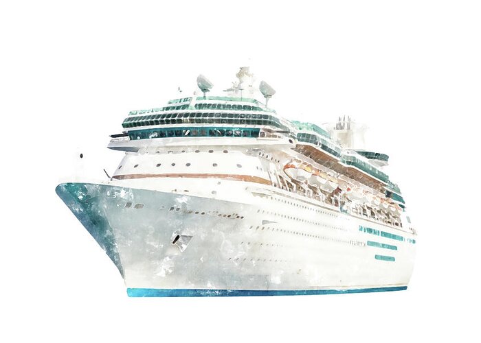 Drawing Greeting Card featuring the digital art Watercolor drawing of cruise ship isolated on white background, modern ocean liner by Maria Kray