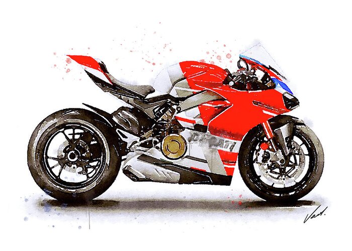 Sport Greeting Card featuring the painting Watercolor Ducati Panigale V4S motorcycle, oryginal artwork by Vart by Vart Studio