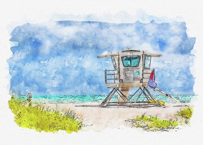 Lifeguard Tower Greeting Card featuring the digital art Watercolor painting illustration of lifeguard tower in Miami by Maria Kray