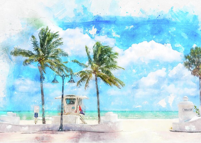 Fort Lauderdale Greeting Card featuring the digital art Watercolor painting illustration of Seafront beach promenade with palm trees in Fort Lauderdale by Maria Kray