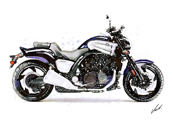 Motorcycle Greeting Card featuring the painting Watercolor Yamaha V-MAX 1200 motorcycle, oryginal artwork by Vart. #2 by Vart