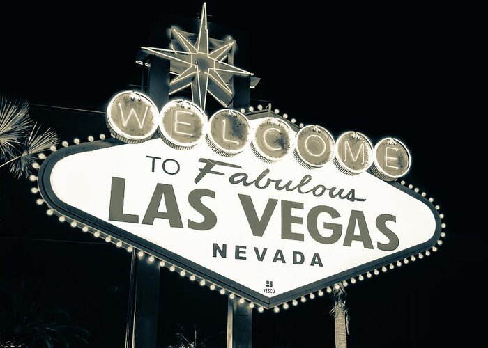 Las Vegas Sign Greeting Card featuring the photograph Welcome to Las Vegas Neon Sign in Sepia - Nevada USA #1 by Gregory Ballos