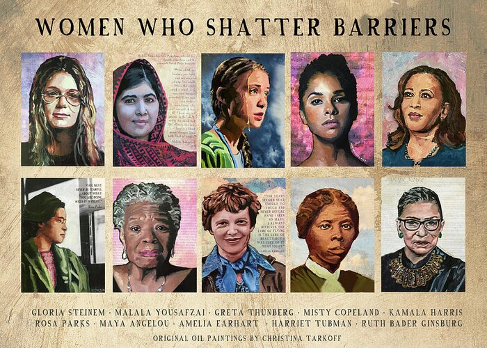 Gloria Steinem Greeting Card featuring the painting Ten Women Who Shatter Barriers by Christina Tarkoff