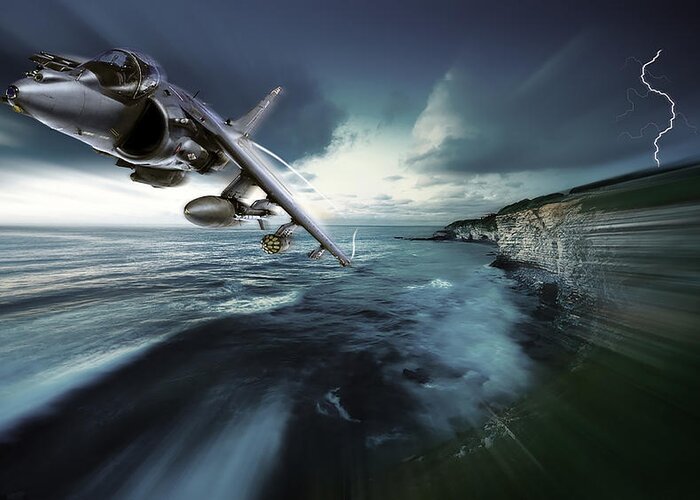 Harrier Greeting Card featuring the digital art British Aerospace Harrier II GR9 White Cliffs Pass by Custom Aviation Art