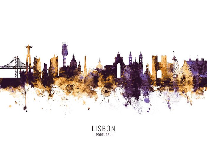 Lisbon Greeting Card featuring the digital art Lisbon Portugal Skyline #10 by Michael Tompsett