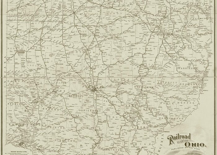 1898 Greeting Card featuring the photograph 1898 Historical Railroad map of Ohio in Sepia by Toby McGuire