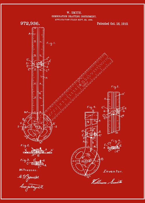 1909 Combination Drafting Instrument Patent Print Greeting Card featuring the drawing 1909 Combination Drafting Instrument Red Patent Print by Greg Edwards