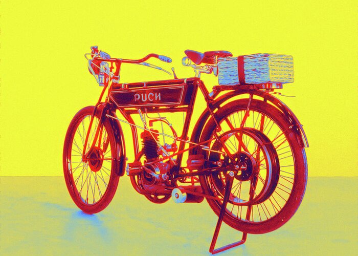 1910 1923 Puch Lm 2 - Neon Colored Greeting Card featuring the digital art 1910 1923 Puch LM 2 - Neon Colored by Celestial Images