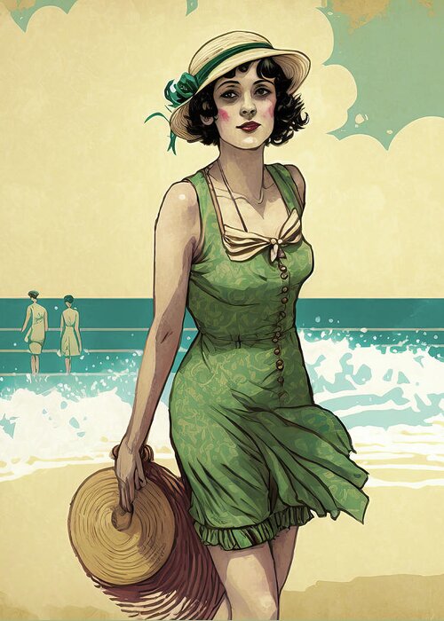 Flapper Greeting Card featuring the digital art 1920s Flapper Woman at the Beach 01 by Matthias Hauser