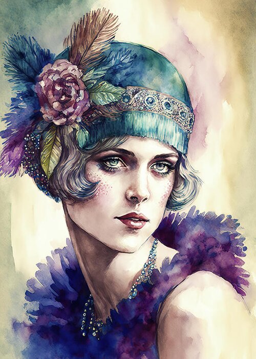 Woman Greeting Card featuring the digital art 1920s Flapper Woman Watercolor 05 by Matthias Hauser