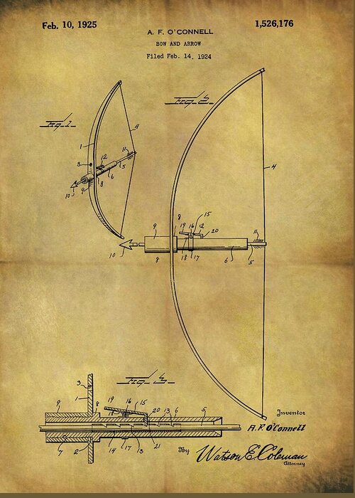 1969 Crossbow Patent Greeting Card featuring the drawing 1925 Bow And Arrow Patent by Dan Sproul