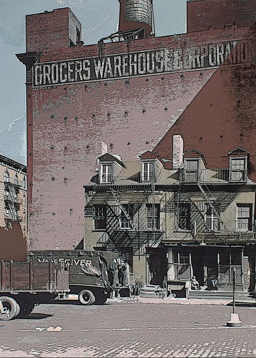 Vintage Greeting Card featuring the mixed media 1930's America Warehouse District Colorized Photograph by Shelli Fitzpatrick