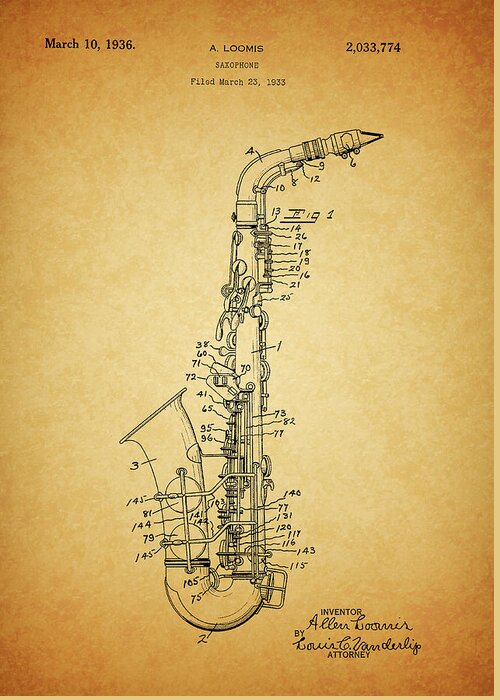 1936 Saxophone Patent Greeting Card featuring the drawing 1936 Saxophone Patent by Dan Sproul