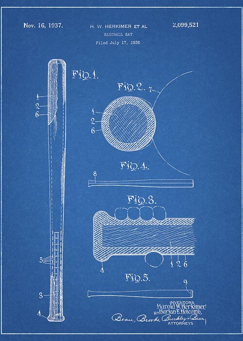 1937 Baseball Bat Patent Greeting Card featuring the drawing 1937 Baseball Bat Patent Blueprint by Dan Sproul